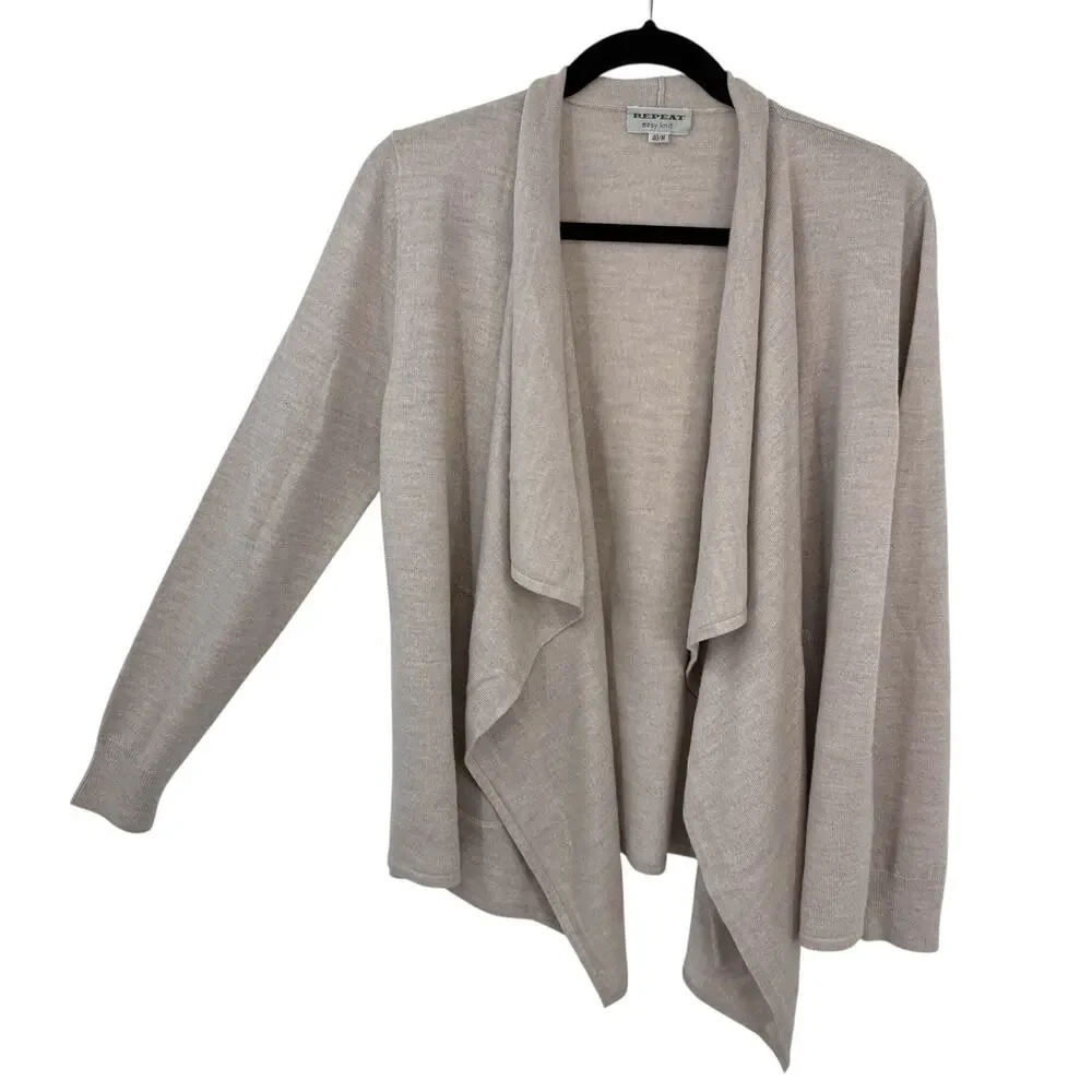 Repeat Cashmere Merino Wool Draped Cardigan US Medium EU 40 Beige with Pockets